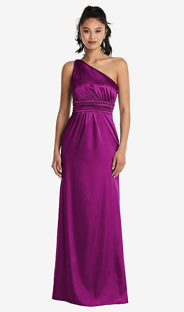 Front View - Persian Plum One-Shoulder Draped Satin Maxi Dress