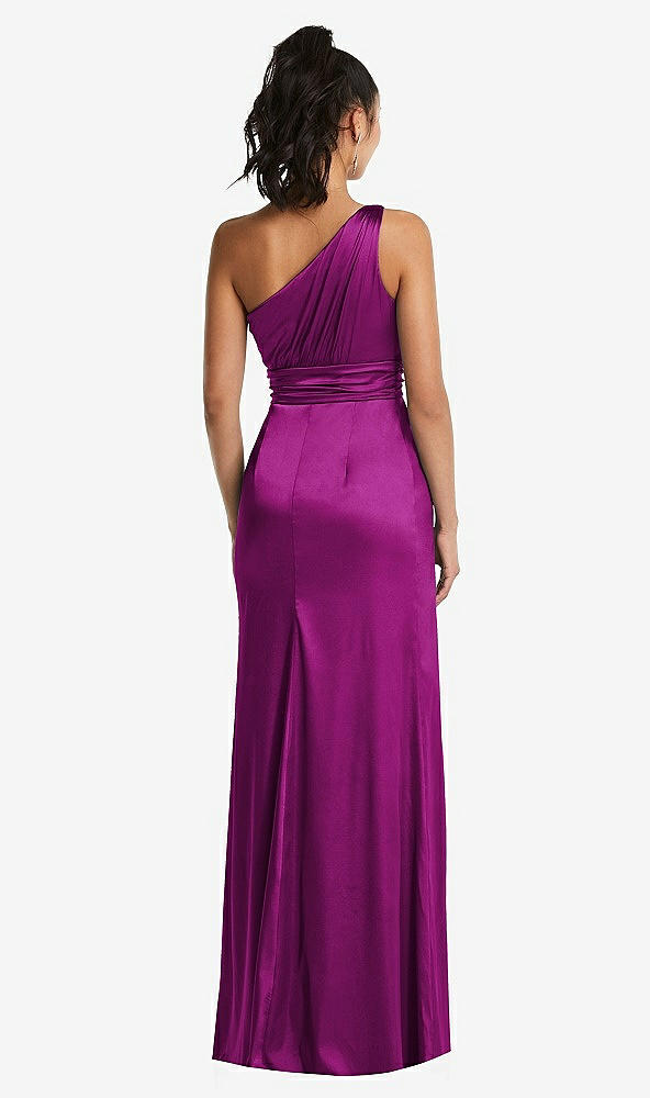 Back View - Persian Plum One-Shoulder Draped Satin Maxi Dress