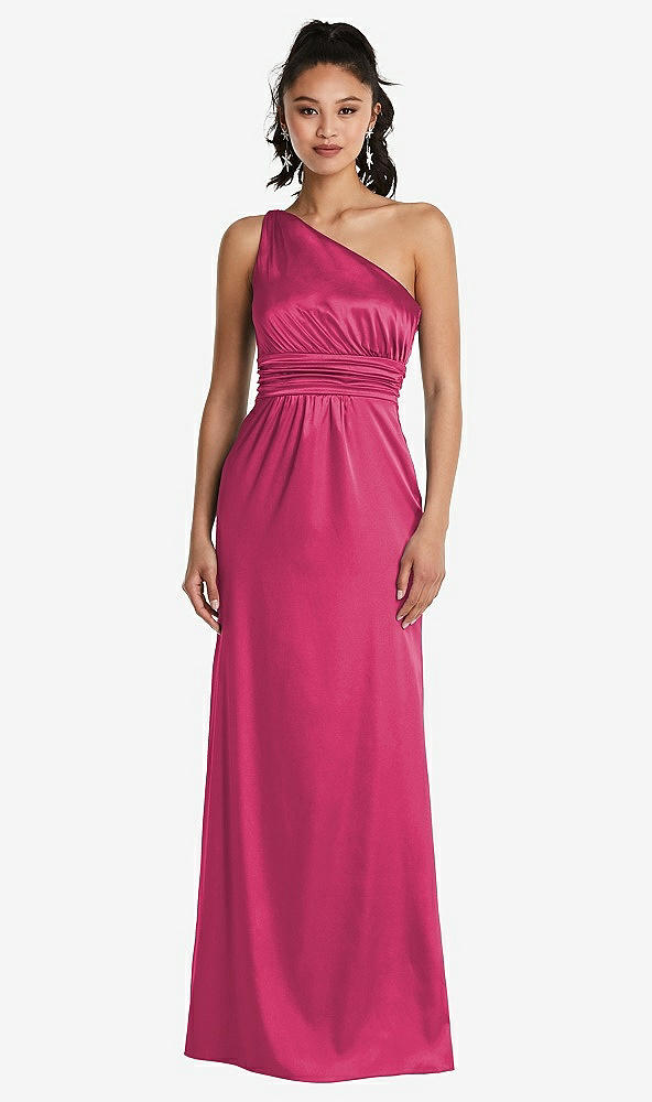 Front View - Shocking One-Shoulder Draped Satin Maxi Dress