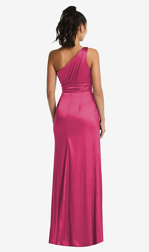 Back View - Shocking One-Shoulder Draped Satin Maxi Dress