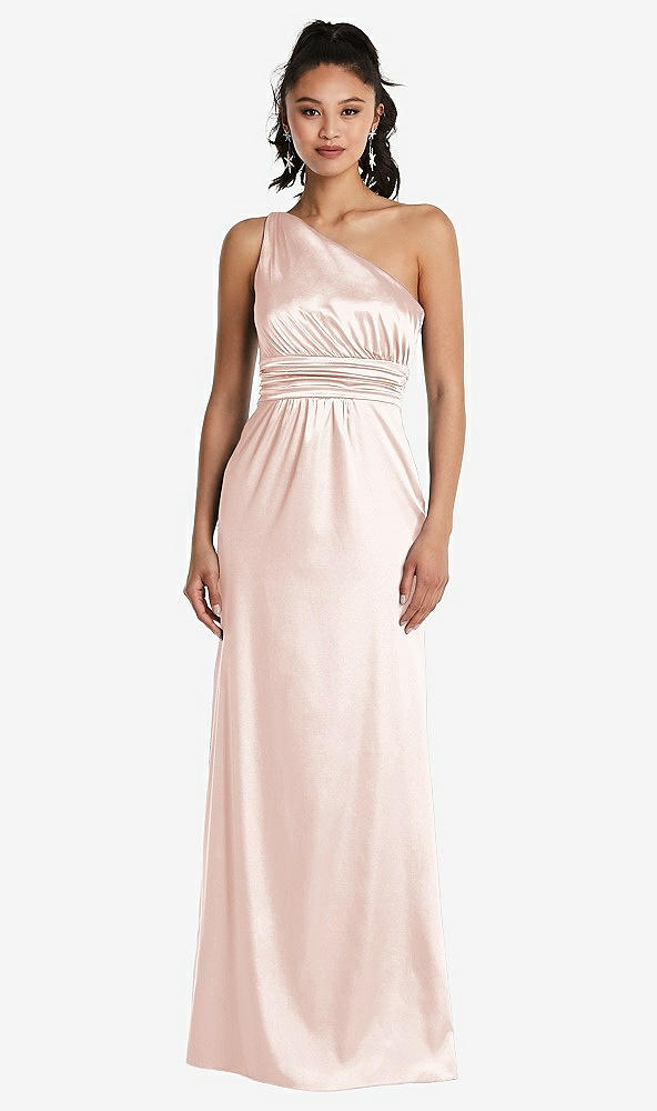 Front View - Blush One-Shoulder Draped Satin Maxi Dress