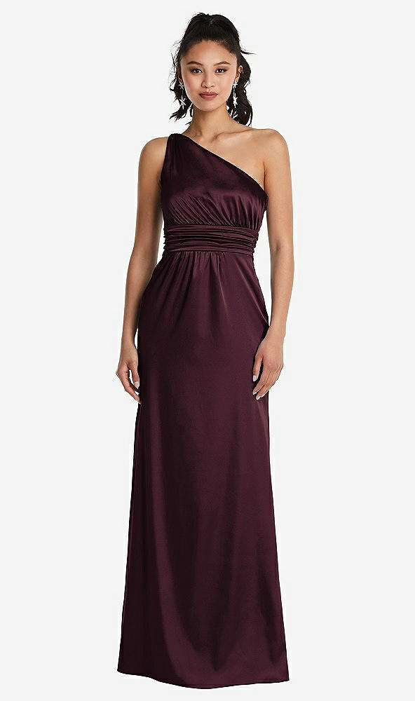 Front View - Bordeaux One-Shoulder Draped Satin Maxi Dress