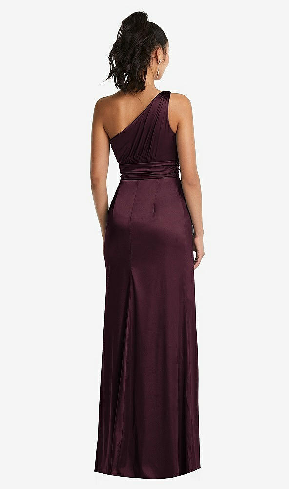 Back View - Bordeaux One-Shoulder Draped Satin Maxi Dress