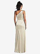 Rear View Thumbnail - Champagne One-Shoulder Draped Satin Maxi Dress