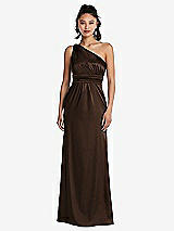 Front View Thumbnail - Espresso One-Shoulder Draped Satin Maxi Dress