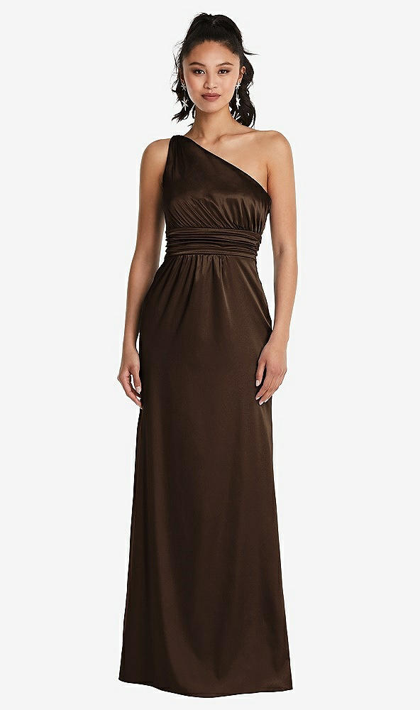 Front View - Espresso One-Shoulder Draped Satin Maxi Dress