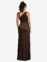 Rear View Thumbnail - Espresso One-Shoulder Draped Satin Maxi Dress