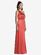 Side View Thumbnail - Perfect Coral One-Shoulder Draped Satin Maxi Dress