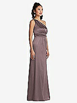 Side View Thumbnail - French Truffle One-Shoulder Draped Satin Maxi Dress