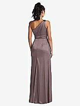 Rear View Thumbnail - French Truffle One-Shoulder Draped Satin Maxi Dress