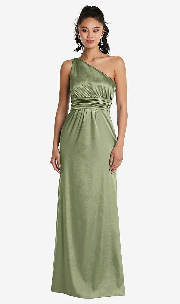 Front View - Kiwi One-Shoulder Draped Satin Maxi Dress