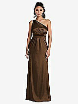 Front View Thumbnail - Latte One-Shoulder Draped Satin Maxi Dress