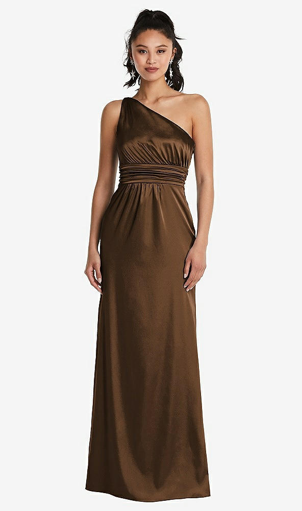 Front View - Latte One-Shoulder Draped Satin Maxi Dress