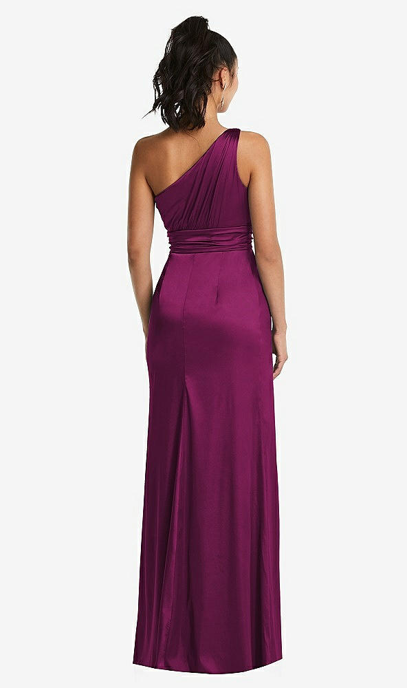 Back View - Merlot One-Shoulder Draped Satin Maxi Dress