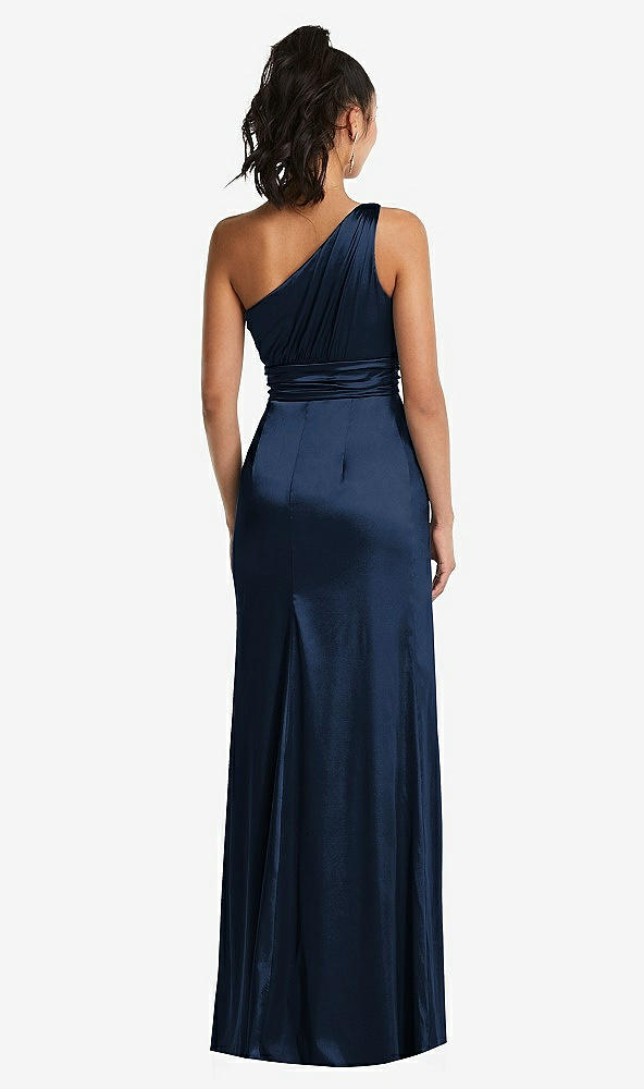 Back View - Midnight Navy One-Shoulder Draped Satin Maxi Dress