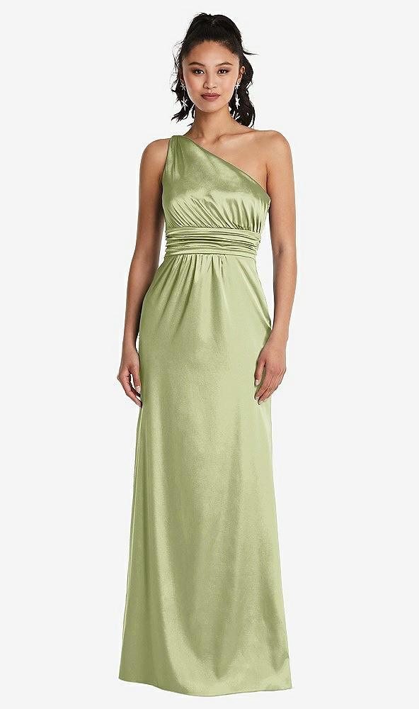 Front View - Mint One-Shoulder Draped Satin Maxi Dress