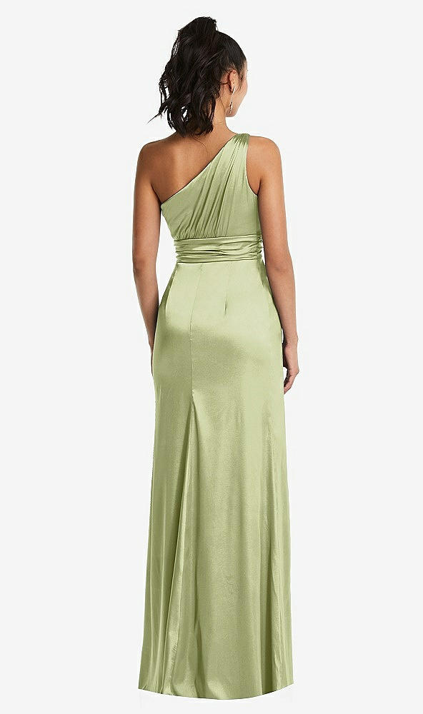 Back View - Mint One-Shoulder Draped Satin Maxi Dress