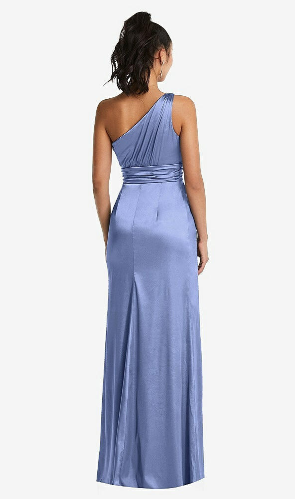 Back View - Periwinkle - PANTONE Serenity One-Shoulder Draped Satin Maxi Dress