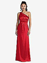 Front View Thumbnail - Parisian Red One-Shoulder Draped Satin Maxi Dress