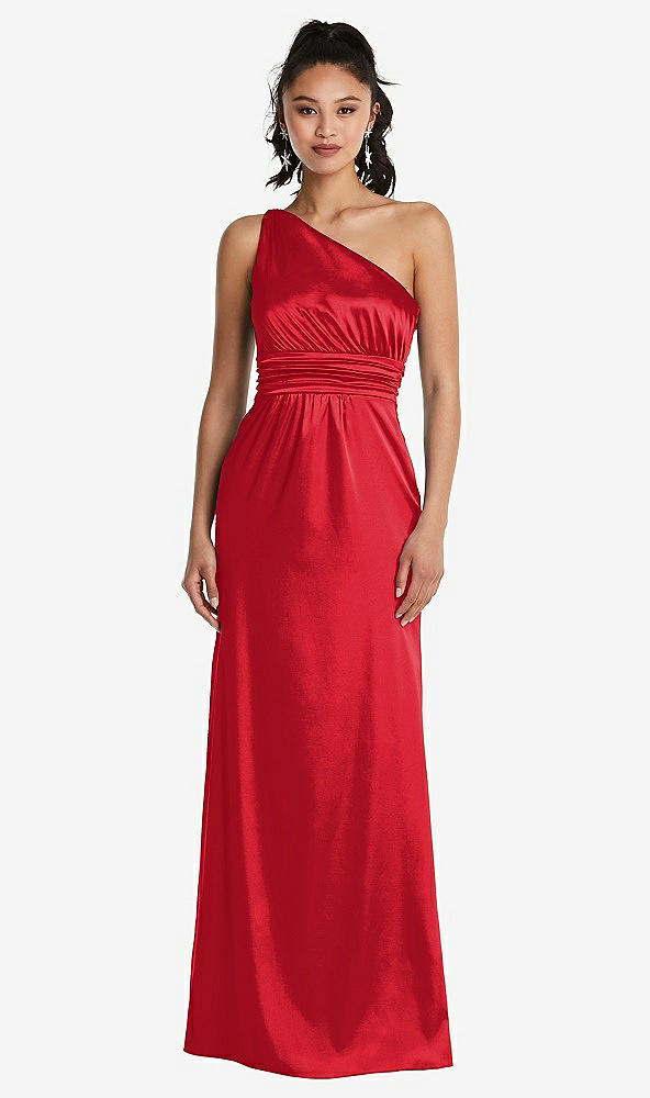 Front View - Parisian Red One-Shoulder Draped Satin Maxi Dress