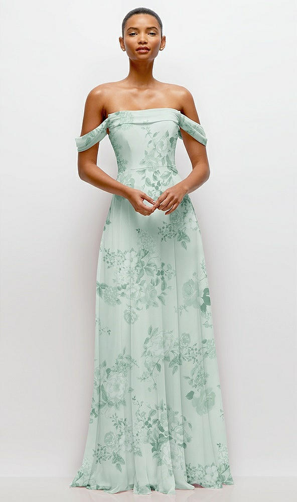 Front View - Mint Green Floral Off-the-Shoulder Draped Neckline Maxi Dress