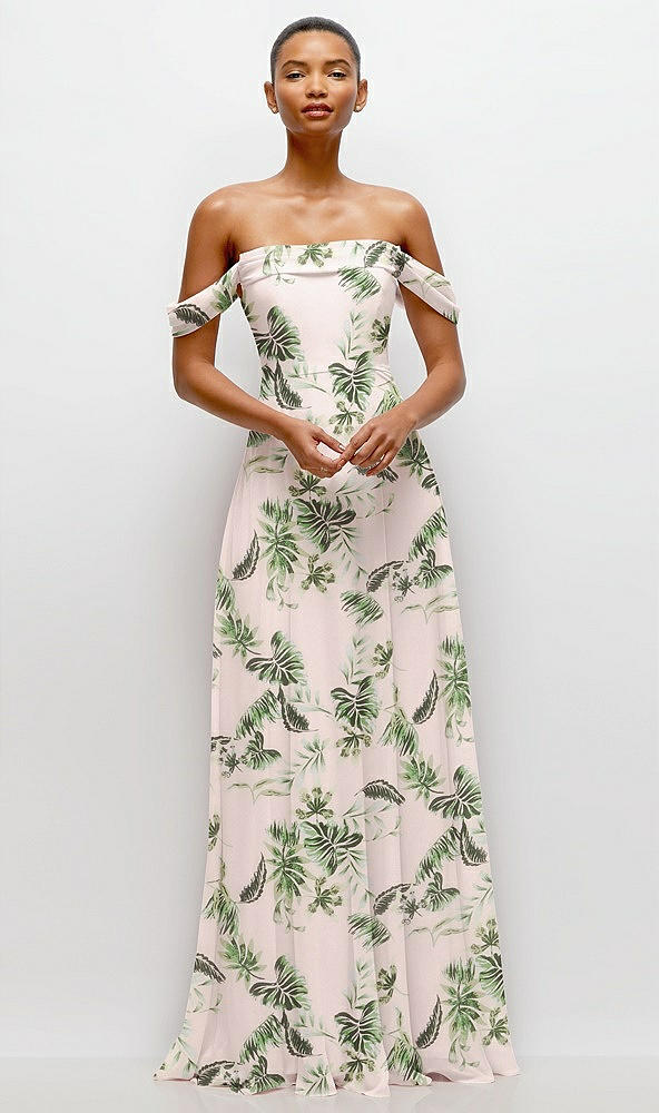 Front View - Palm Beach Print Off-the-Shoulder Draped Neckline Maxi Dress