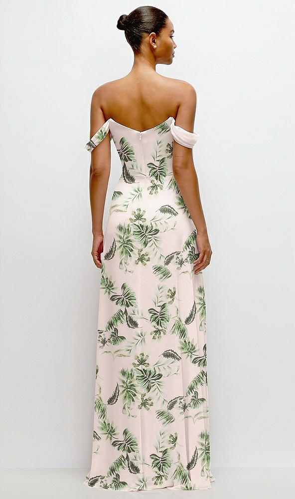 Back View - Palm Beach Print Off-the-Shoulder Draped Neckline Maxi Dress