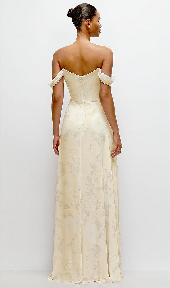 Back View - Butter Yellow Floral Off-the-Shoulder Draped Neckline Maxi Dress