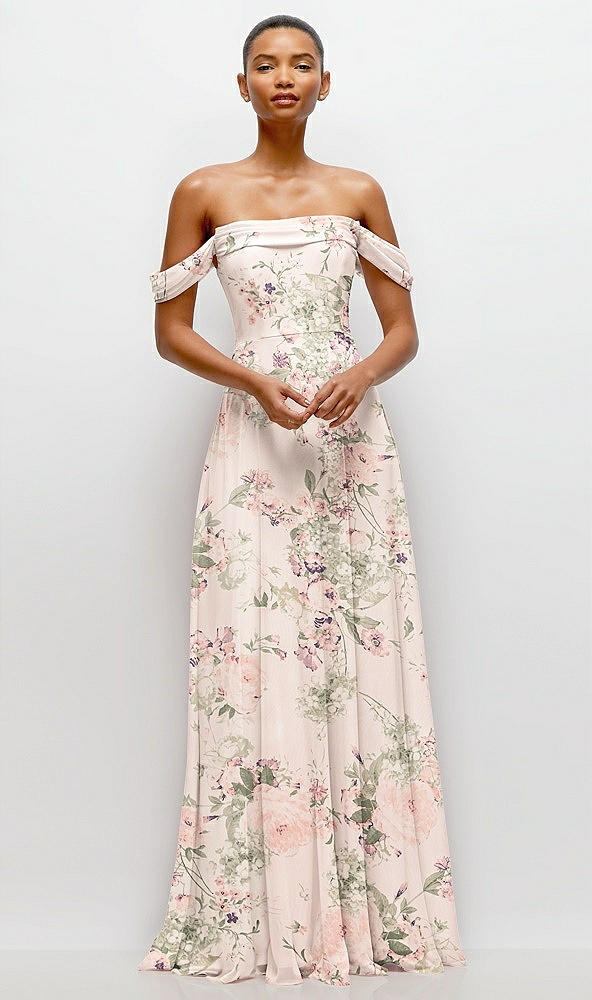 Front View - Blush Garden Off-the-Shoulder Draped Neckline Maxi Dress