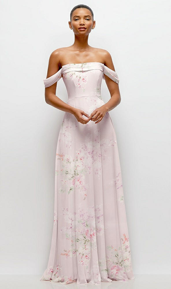 Front View - Watercolor Print Off-the-Shoulder Draped Neckline Maxi Dress