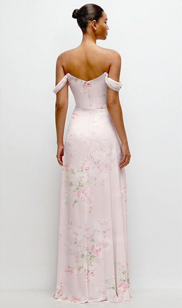 Back View - Watercolor Print Off-the-Shoulder Draped Neckline Maxi Dress