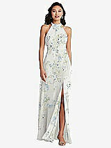 Rear View Thumbnail - Bleu Garden Stand Collar Halter Maxi Dress with Criss Cross Open-Back