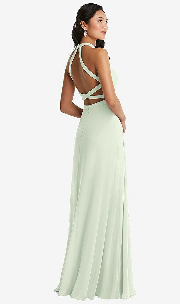 Front View - Mint Green Stand Collar Halter Maxi Dress with Criss Cross Open-Back
