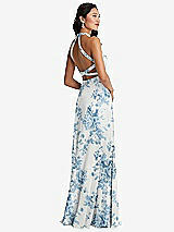 Front View Thumbnail - Cottage Rose Dusk Blue Stand Collar Halter Maxi Dress with Criss Cross Open-Back