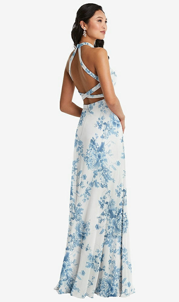 Front View - Cottage Rose Dusk Blue Stand Collar Halter Maxi Dress with Criss Cross Open-Back