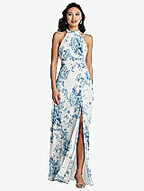 Rear View Thumbnail - Cottage Rose Dusk Blue Stand Collar Halter Maxi Dress with Criss Cross Open-Back