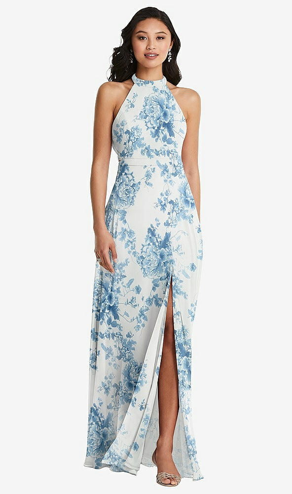 Back View - Cottage Rose Dusk Blue Stand Collar Halter Maxi Dress with Criss Cross Open-Back