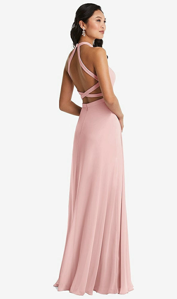 Front View - Rose Stand Collar Halter Maxi Dress with Criss Cross Open-Back