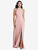 Rear View Thumbnail - Rose Stand Collar Halter Maxi Dress with Criss Cross Open-Back