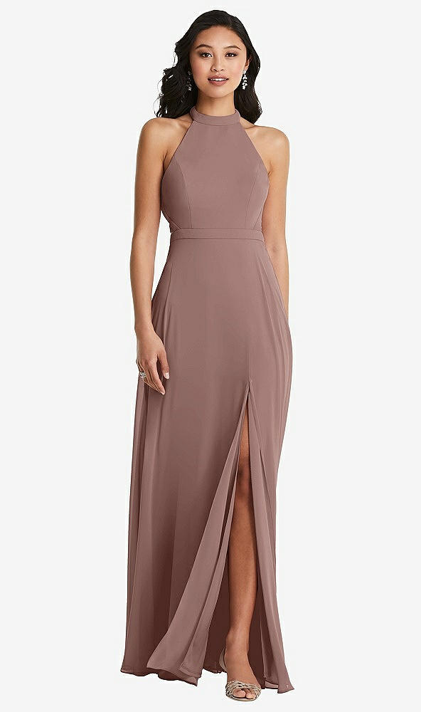 Back View - Sienna Stand Collar Halter Maxi Dress with Criss Cross Open-Back