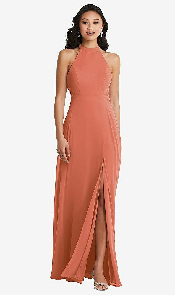 Back View - Terracotta Copper Stand Collar Halter Maxi Dress with Criss Cross Open-Back