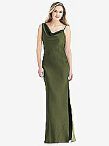 Front View Thumbnail - Olive Green Asymmetrical One-Shoulder Cowl Maxi Slip Dress