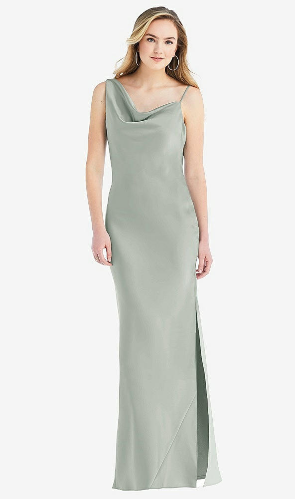 Front View - Willow Green Asymmetrical One-Shoulder Cowl Maxi Slip Dress