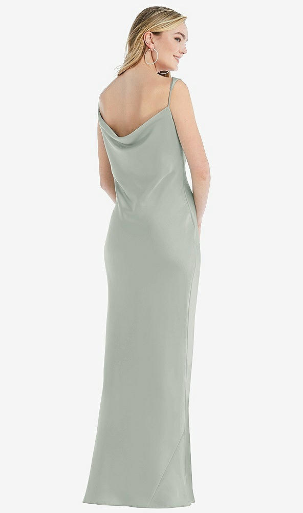 Back View - Willow Green Asymmetrical One-Shoulder Cowl Maxi Slip Dress