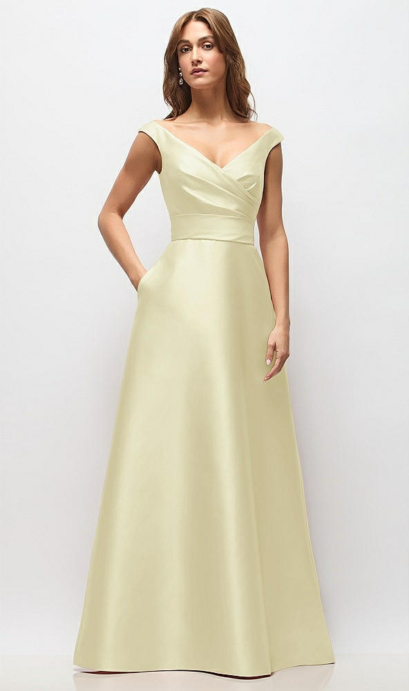 Front View - Butter Yellow Off-the-Shoulder Draped Wrap Satin Maxi Dress