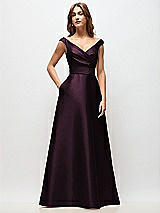 Front View Thumbnail - Deep Plum Off-the-Shoulder Draped Wrap Satin Maxi Dress