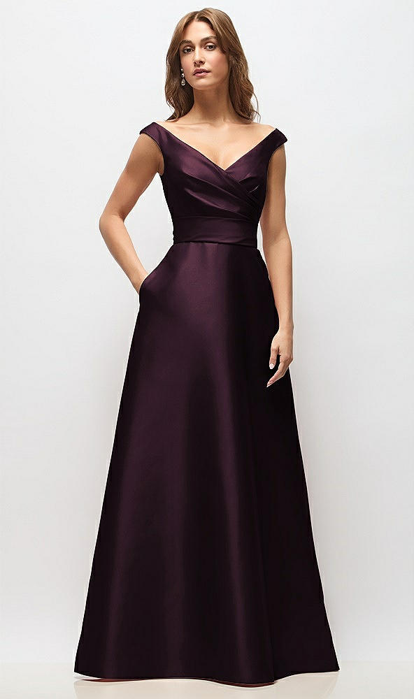 Front View - Deep Plum Off-the-Shoulder Draped Wrap Satin Maxi Dress
