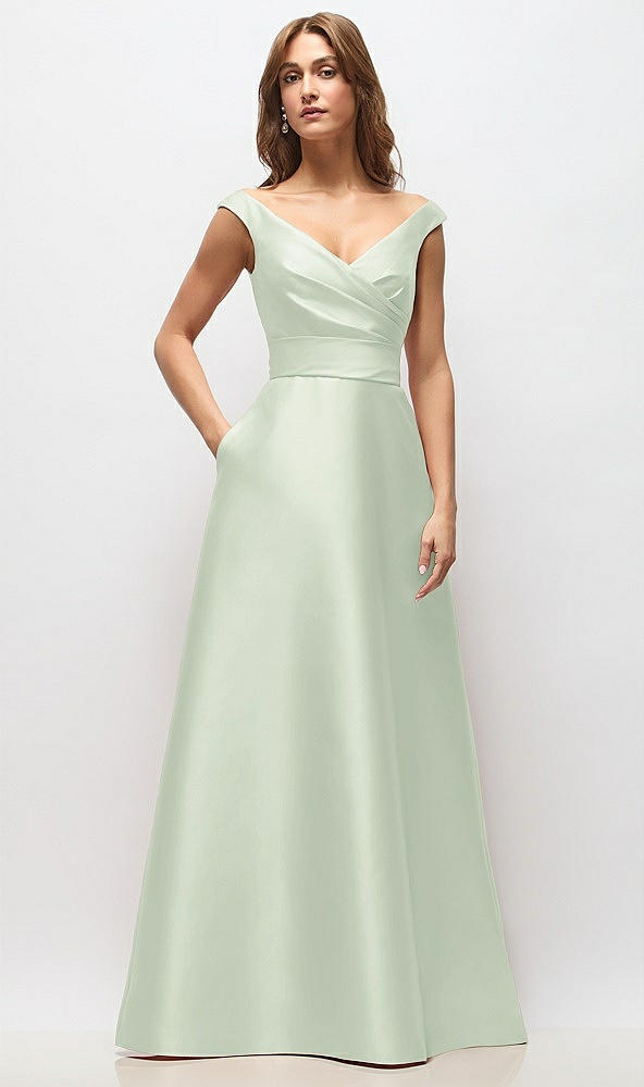 Front View - Mint Green Off-the-Shoulder Draped Wrap Satin Maxi Dress