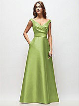 Front View Thumbnail - Mojito Off-the-Shoulder Draped Wrap Satin Maxi Dress