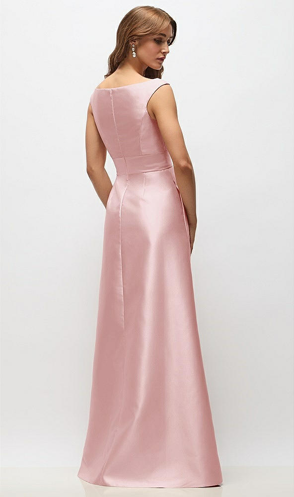 Back View - Ballet Pink Off-the-Shoulder Draped Wrap Satin Maxi Dress